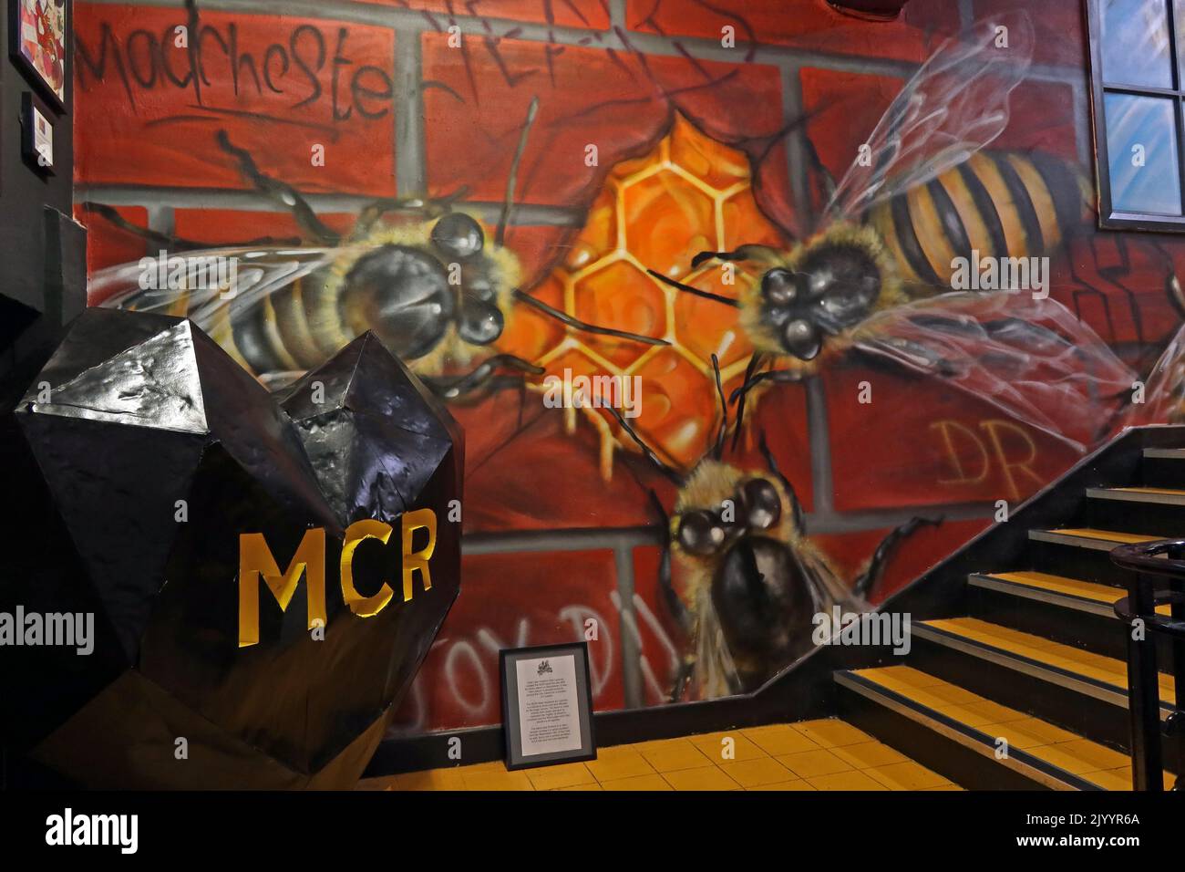 MCR bees, MCR heart, by Lazerian aka Liam Hopkins, at Afflecks Palace , 52 Church St, Manchester , England, UK, M4 1PW Stock Photo