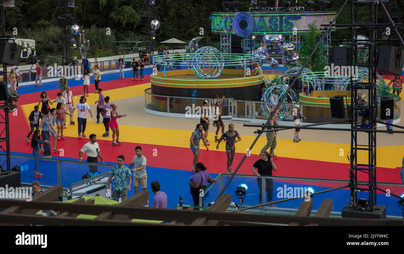 People on roller skate rink in Central Park, Manhattan, NYC, USA Stock