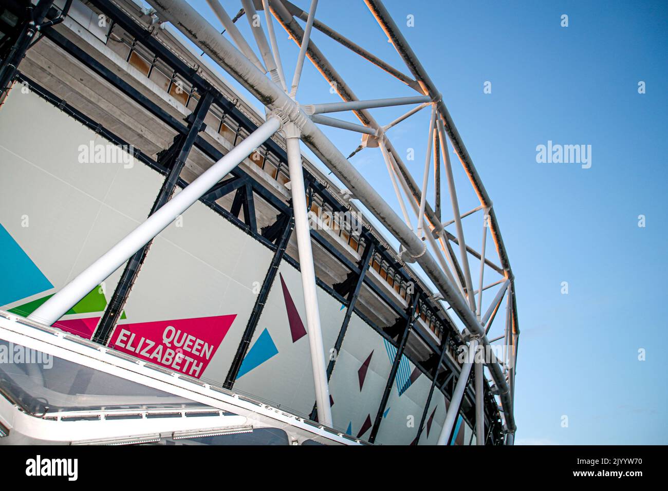 London, England, 8th September 2022. General view outside the ground on the day Queen Elizabeth II passed away before the UEFA Europa Conference League match at the London Stadium, London. Picture credit should read: Kieran Cleeves / Sportimage Stock Photo