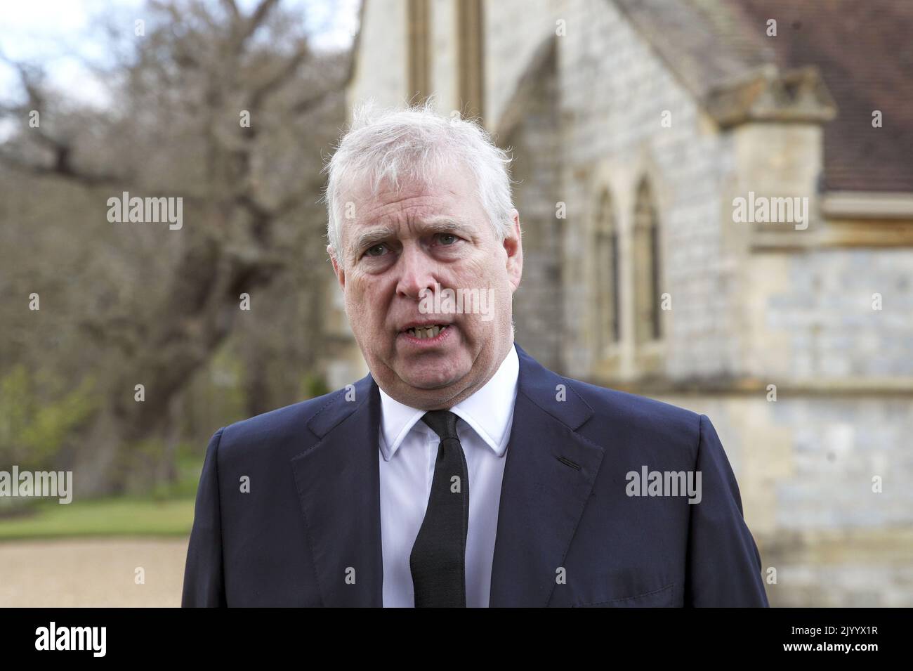 File photo dated 11/4/2021 of The Duke of York during a television interview at the Royal Chapel of All Saints, Windsor, following the announcement of the death of the Duke of Edinburgh at the age of 99. With the death of the Queen, the Duke of York's exile from the working monarchy looks certain to be permanent. Charles is now the new King and the decision on Andrew, disgraced after paying out millions over a civil sexual assault case, will fall to him, no doubt in consultation with his eldest son and heir the Duke of Cambridge. Issue date: Friday September 9, 2022. Stock Photo