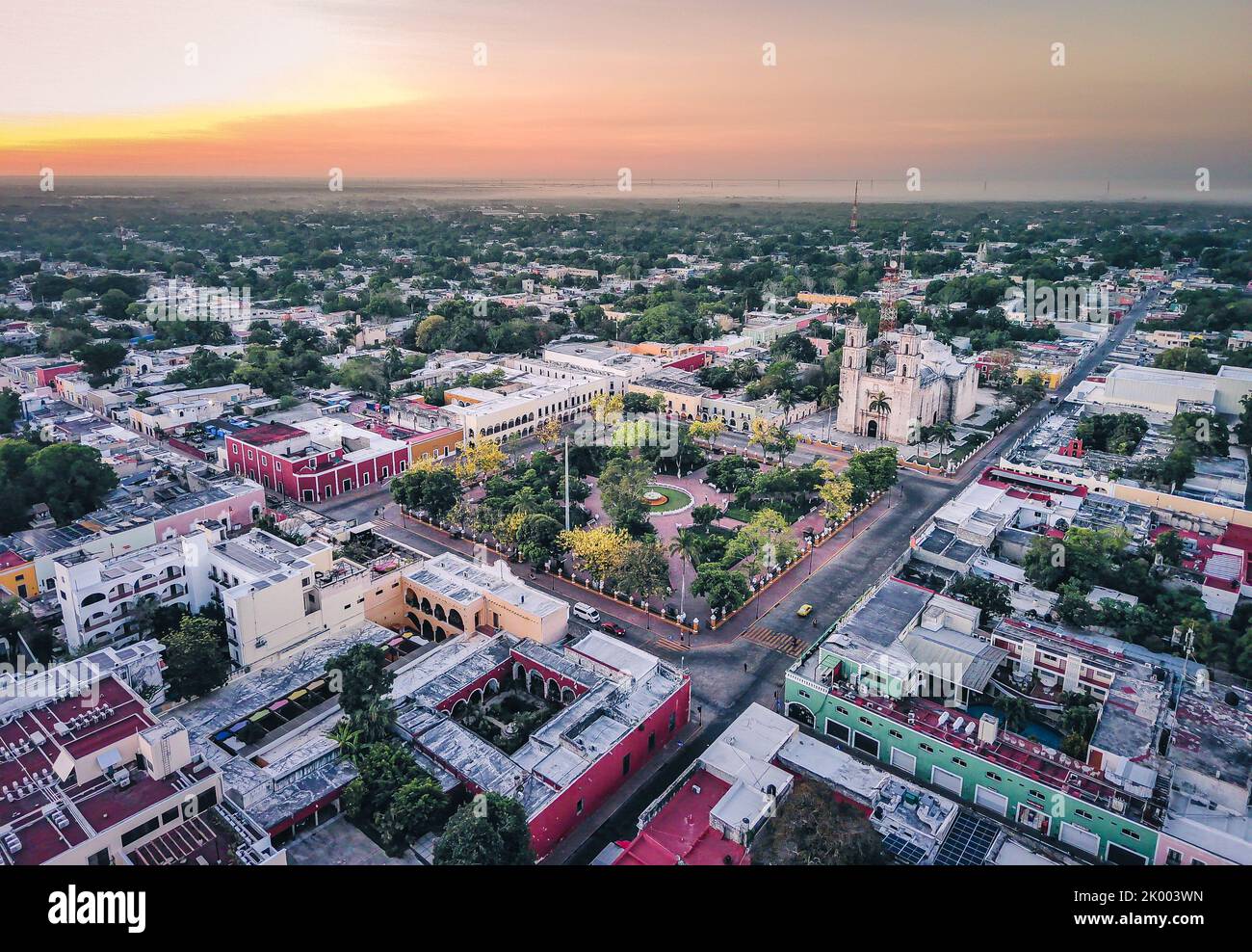 Aerial Drone Fly Above Valladolid City Yucatan Peninsula Mexican Tourism Pueblo Magico Stock Photo