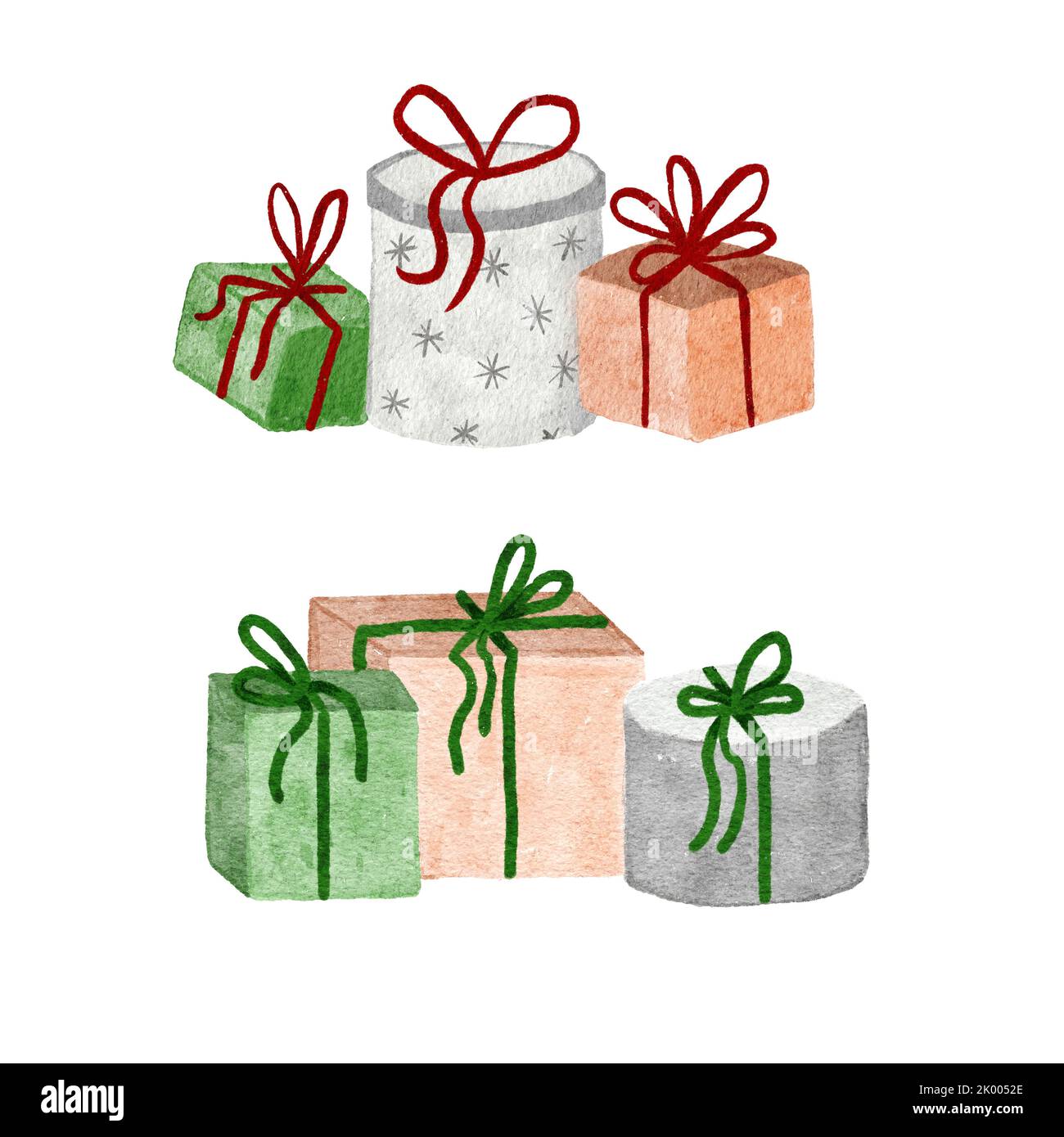 Watercolor hand drawn illustration with beige green gray present gift boxes with ribbon bows. Neutral Scandinavian nordic design for Christmas new year birthday decoration invitations, shopping sales surprise concept Stock Photo