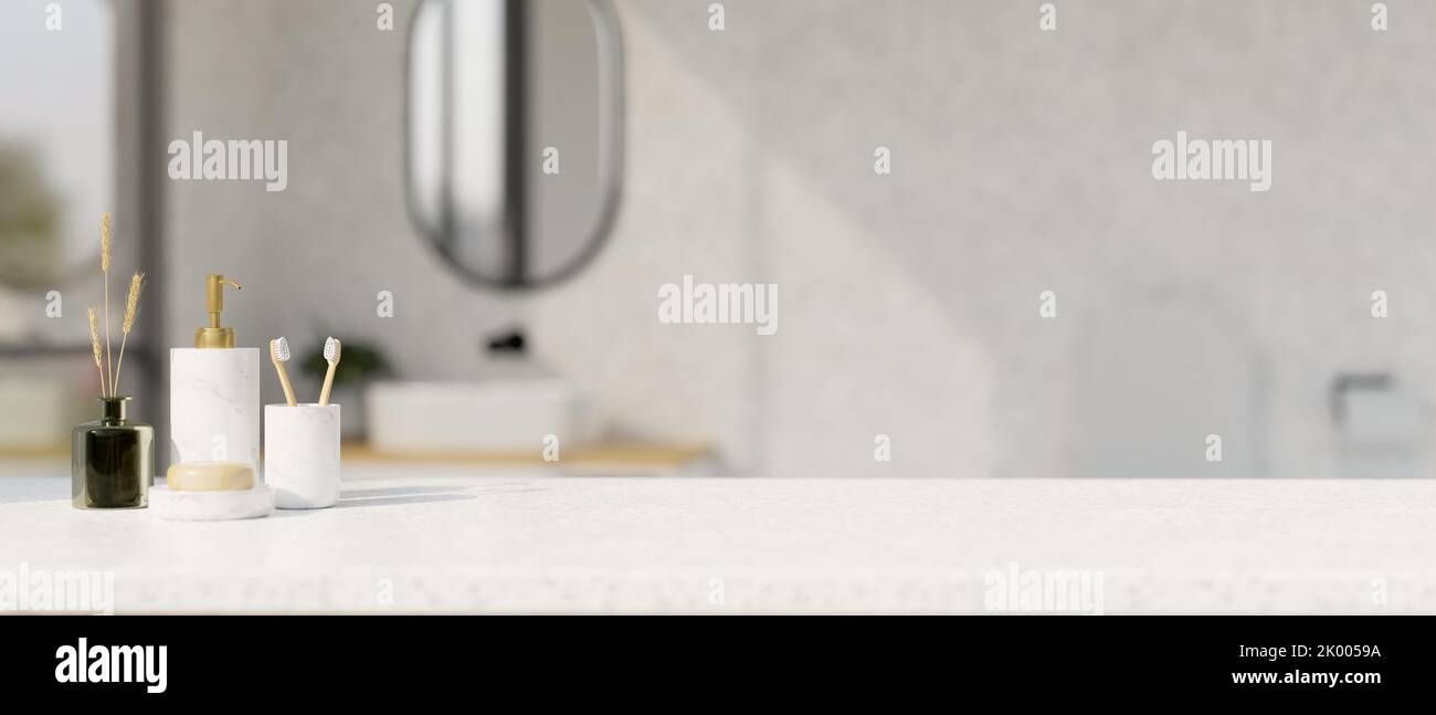 Closeup, White bathroom tabletop with bathroom accessories set and