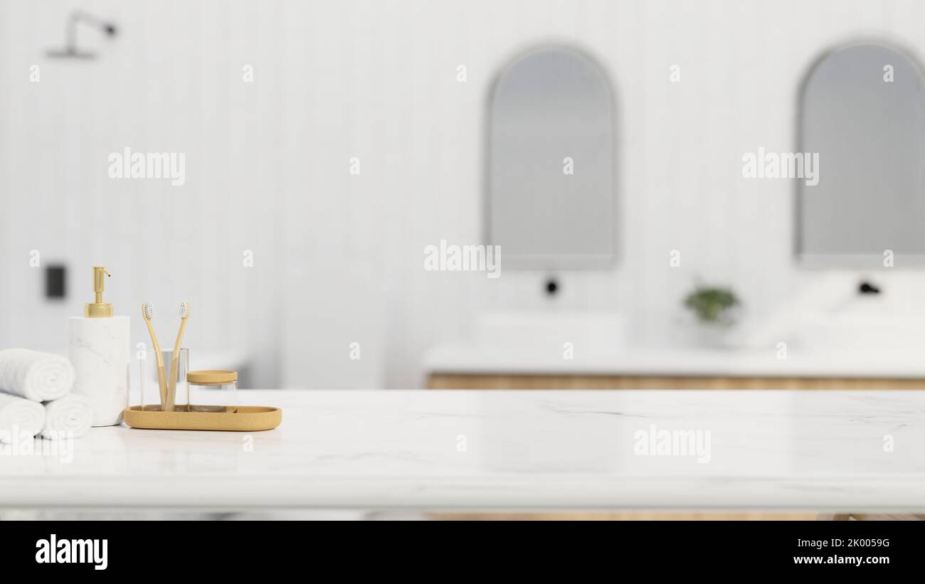 Copy space for montage your product display on elegance white marble bathroom tabletop with bath