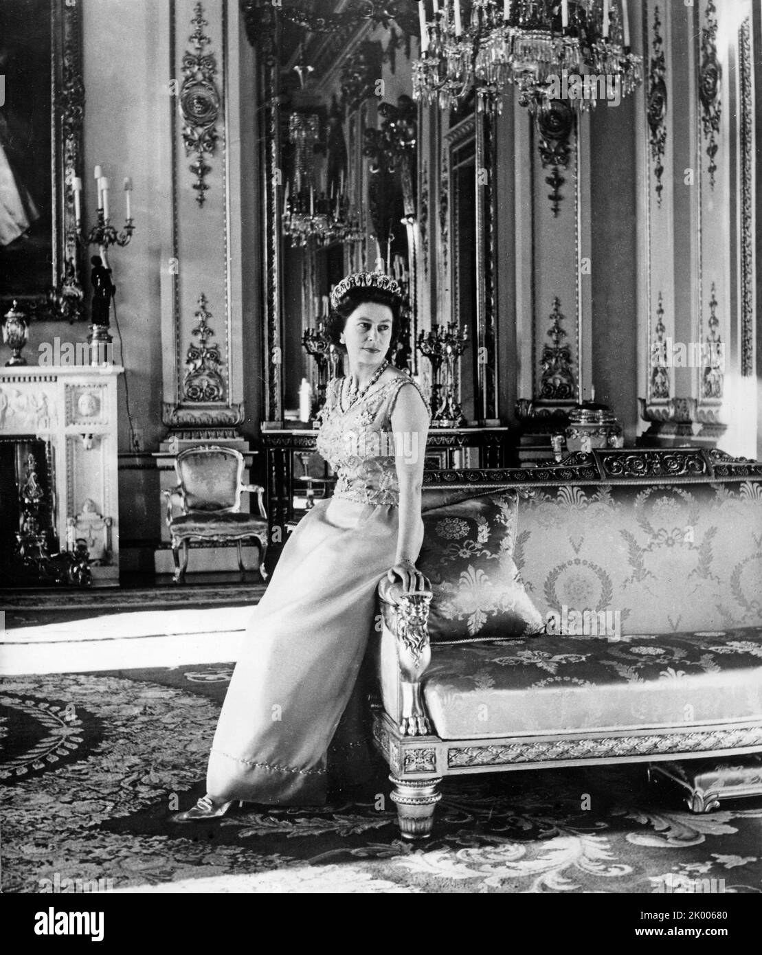 Apr. 21, 1969 - London, England, U.K. - ELIZABETH II's 34rd birthday was celebrated on April 21st 1969. Her majesty in a turquoise silk evening dress is portrayed in the white drawing room at Buckingham Palace. The pearl and diamond tiara she is wearing was bought by Queen Mary from the family of the Grand Duchess Vladimir of Russia in 1921, the pearl and diamond necklace was presented to Queen Victoria at the time of the building of the Albert Hall. (Credit Image: © Keystone Press Agency/ZUMA Press Wire) Stock Photo