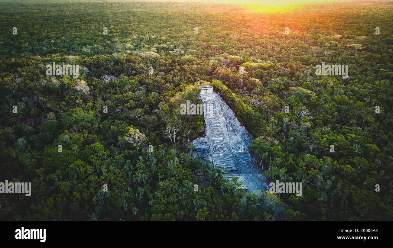 Tulum Stone Ruins Coba Civilization Aerial Drone Fly Above Jungle Forest Mexico Stock Photo