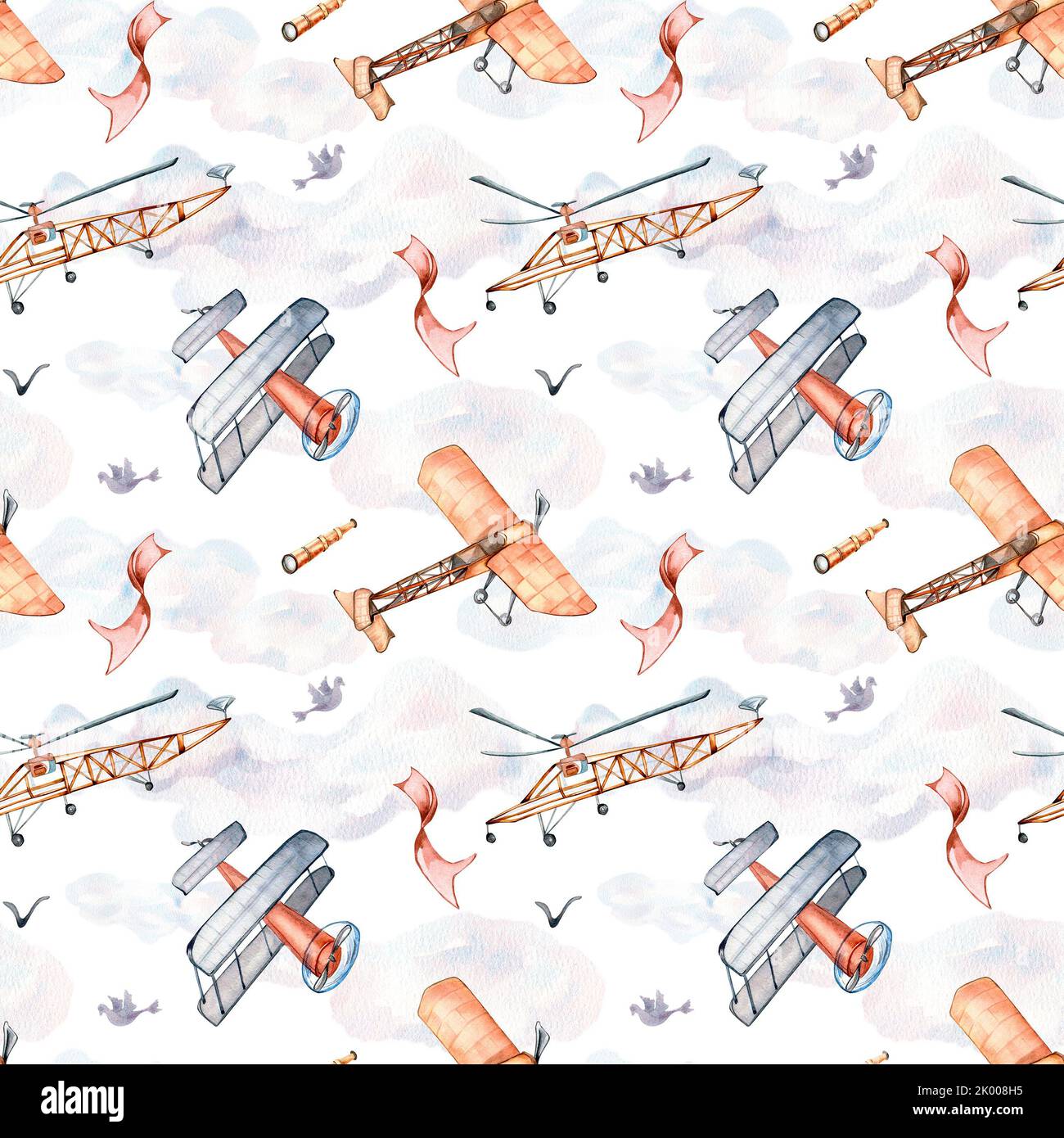 Retro air planes vintage style watercolor illustration seamless pattern ...