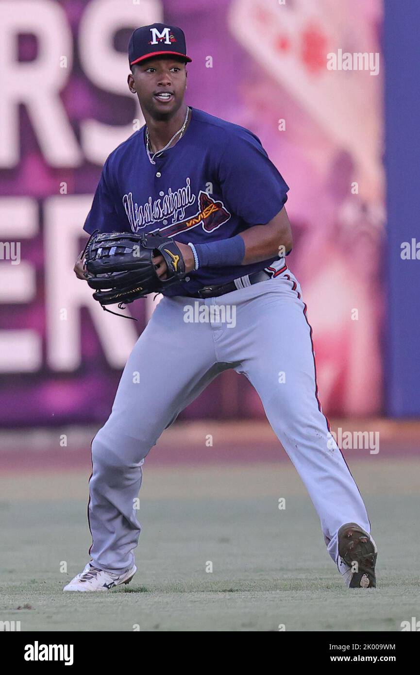 Biloxi, Mississippi, USA. 8th Sep, 2022. Mississippi Braves infielder  Justyn-Henry Malloy (24) fields a hit to left field during an MiLB game  between the Biloxi Shuckers and Mississippi Braves at MGM Park