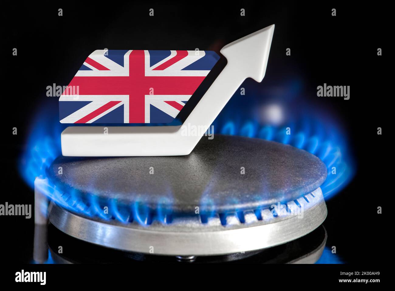Gas price. Rise in gas prices in United Kingdom. A burner with a flame and an arrow up, painted