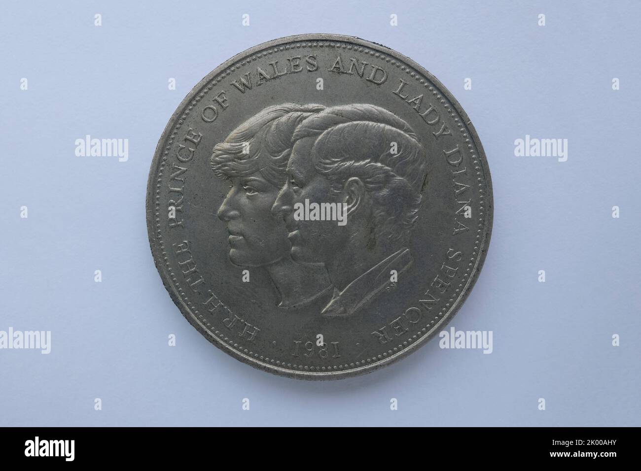 Old commemorative coin from the wedding of The Prince Of Wales and Lady Diana Spencer from the year 1981 Stock Photo