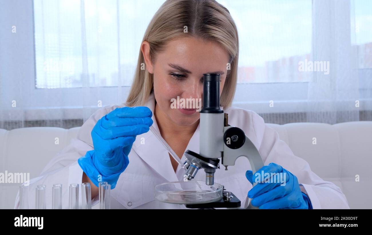 Female laboratory assistant analyzes samples using a microscope while working at a table in a laboratory, doing research Stock Photo
