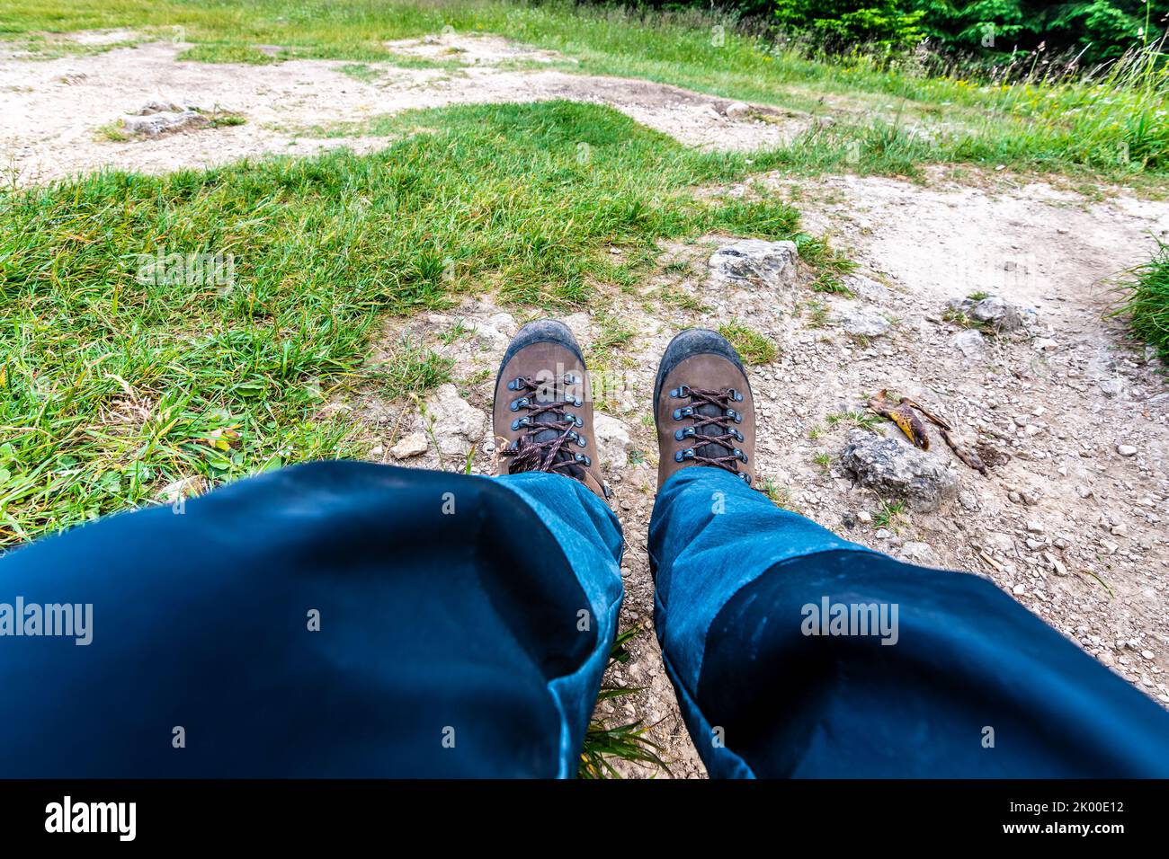 Hiking boots on the ground reliable shoes used by tourist and
