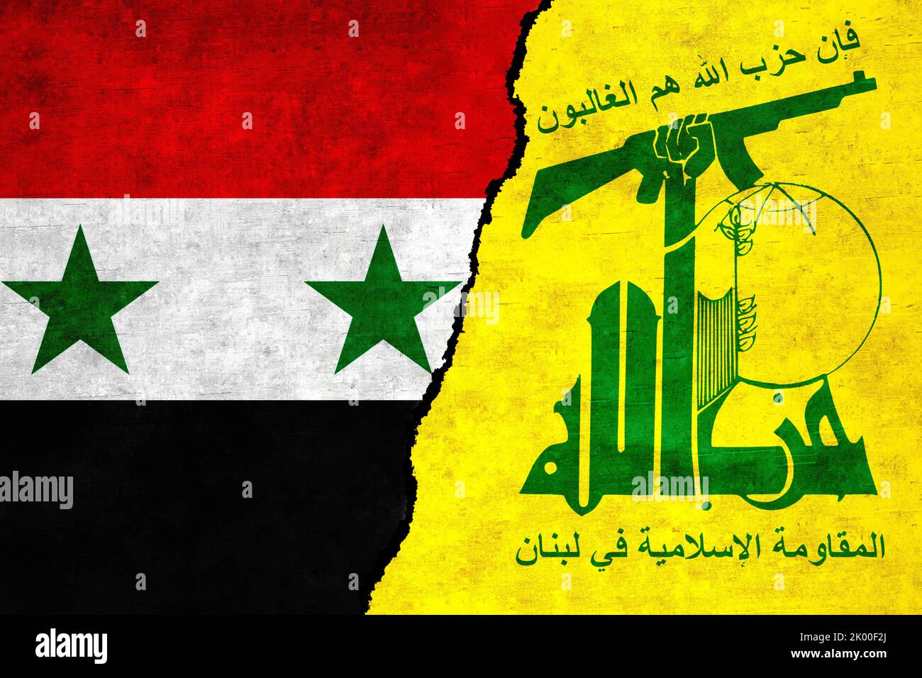 Syria and Hezbollah painted flags on a wall with a crack. Hezbollah and