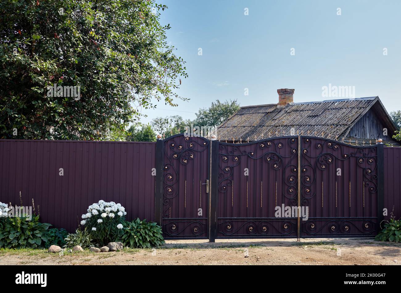 Metal fence of a house in suburb neighborhood. Rural landscape flowers ...