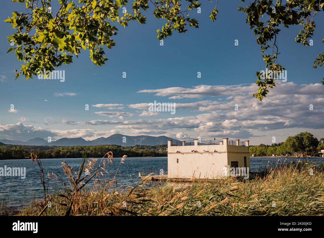 Fishing house (pesquera) at Lake of Banyoles (Estany de Banyoles).  Girona, in northeastern Catalonia, Spain Stock Photo