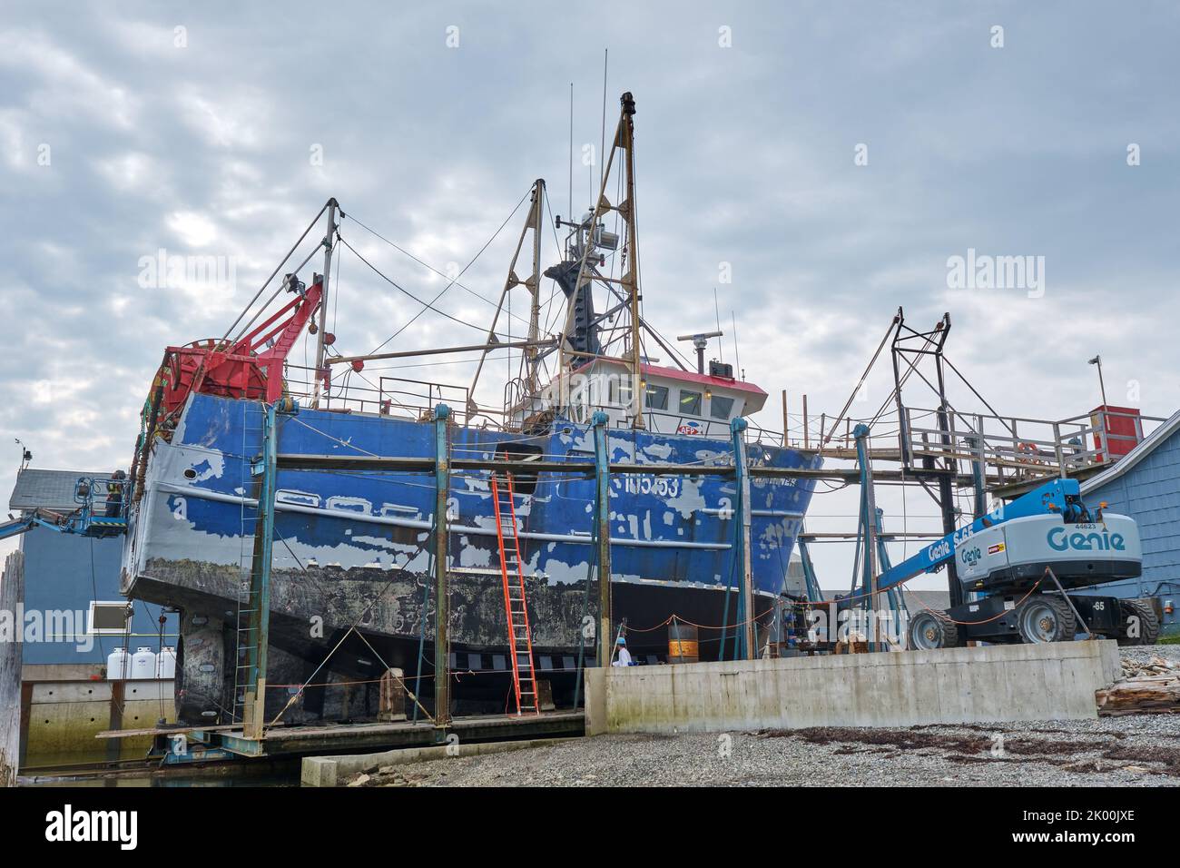 Fishing boat in drydock being repaired and retrofitted in Meteghan Nova Scotia. Stock Photo