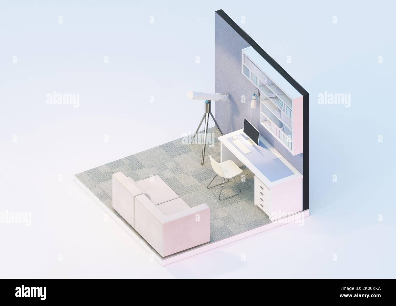 Isometric view of low poly study room house model 3d rendering Stock