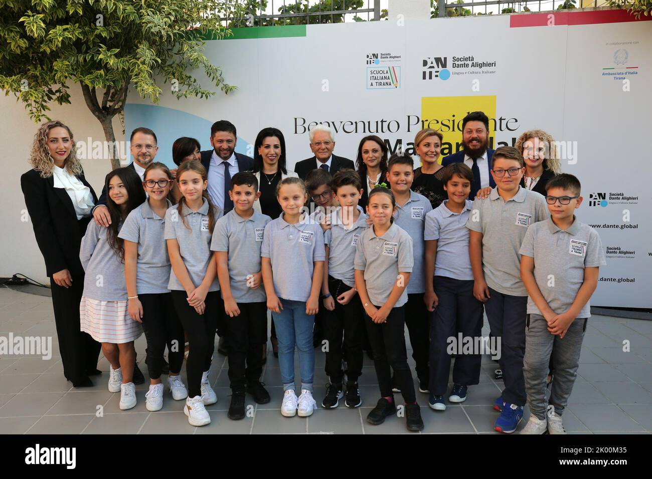 Italian President Mr. Sergio Mattarella posing with some students of the Italian school in Tirana on 08 September in Tirana, Albania. Photo Nderim KAC Stock Photo