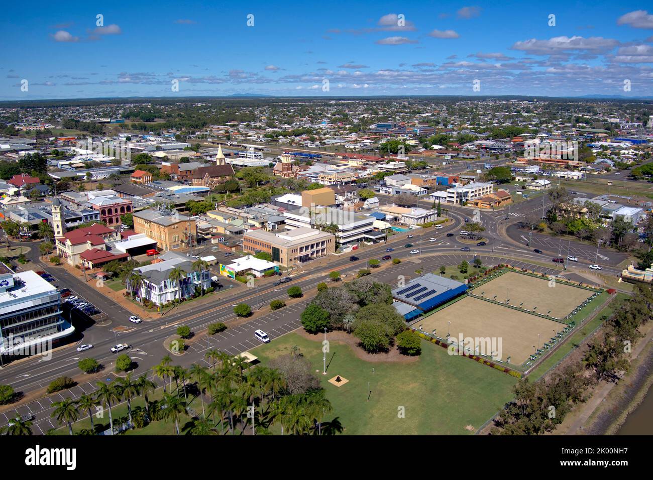 Aerial lawn bowls club on the banks of the Burnett River Bundaberg Queensland Australia Stock Photo
