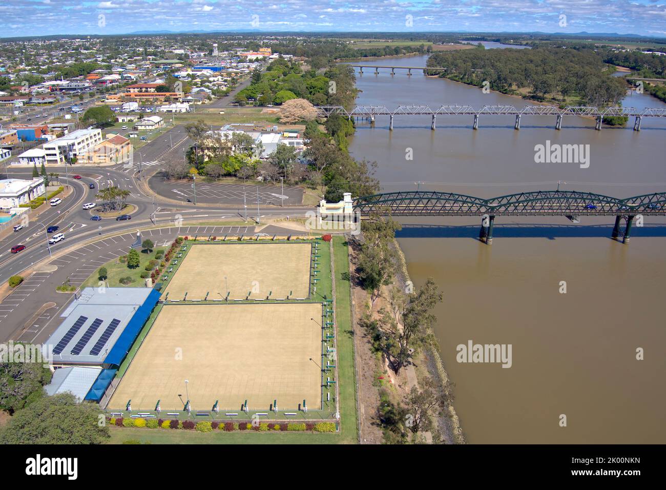 Aerial lawn bowls club on the banks of the Burnett River Bundaberg Queensland Australia Stock Photo