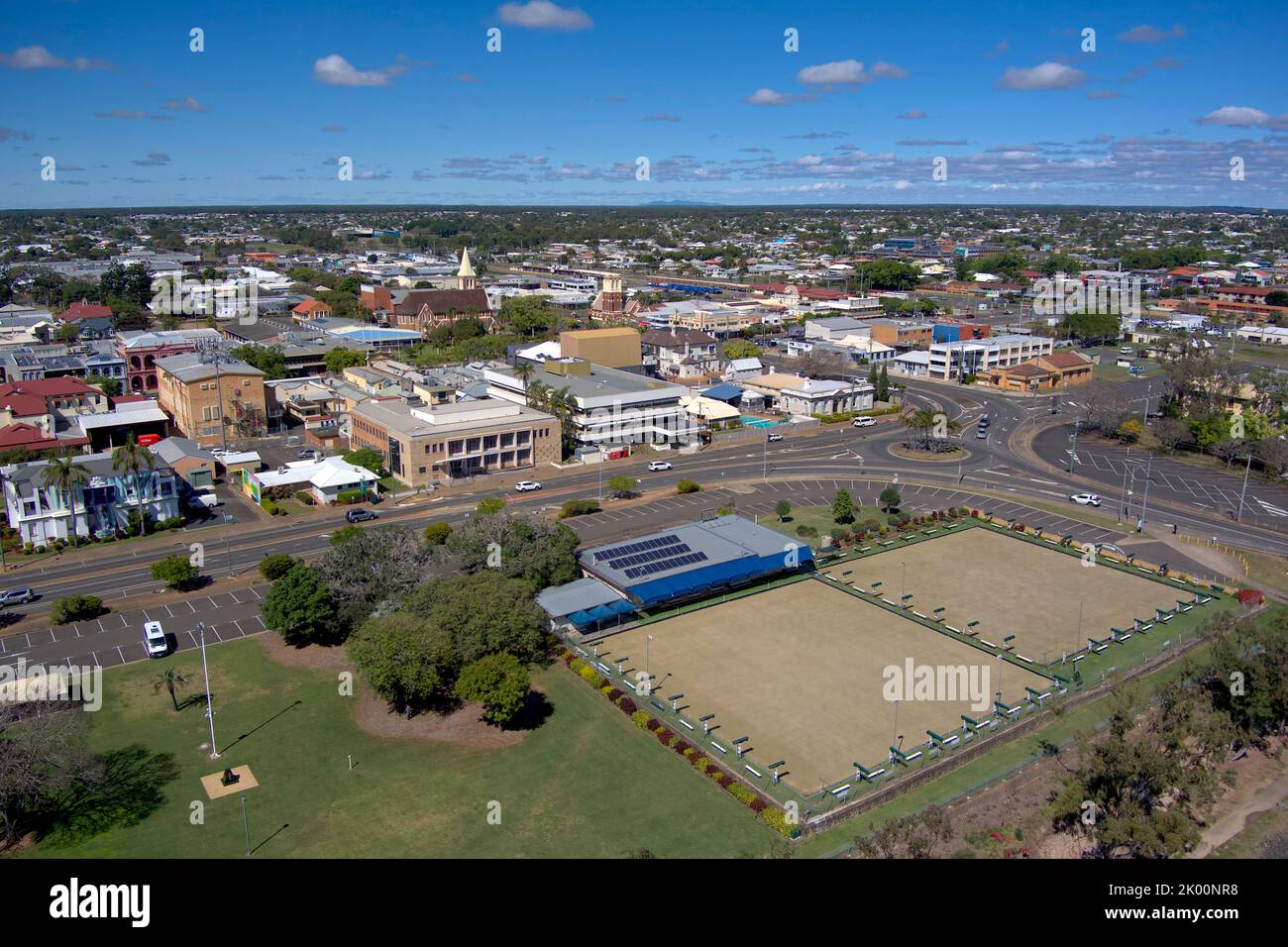 Aerial lawn bowls club on the banks of the Burnett River Bundaberg Queensland Australia Stock Photo