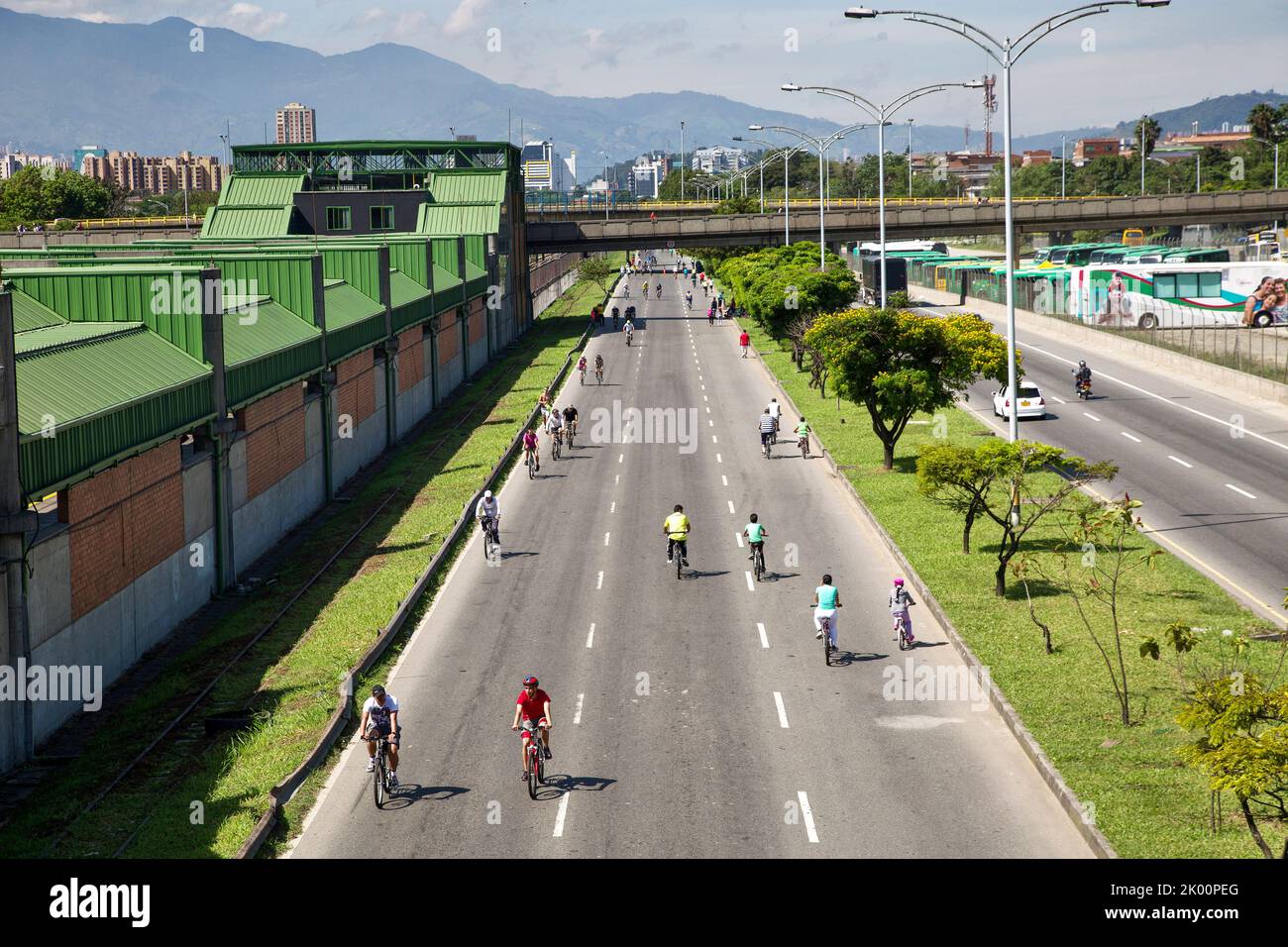 Colombia,Medellin, every sunday one lane of an important two streetthrough the city is closed for cars and and motorised vehicles. Only bicycles and Stock Photo
