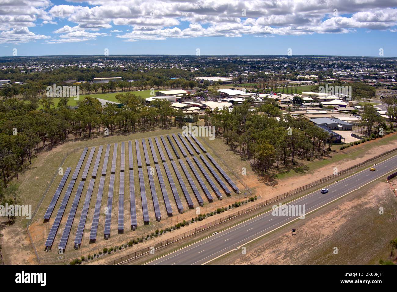 Aerial of solar panels installed at Shalom Catholic College Bundaberg Queensland Australia which allows the college to produce its own electricity. Stock Photo