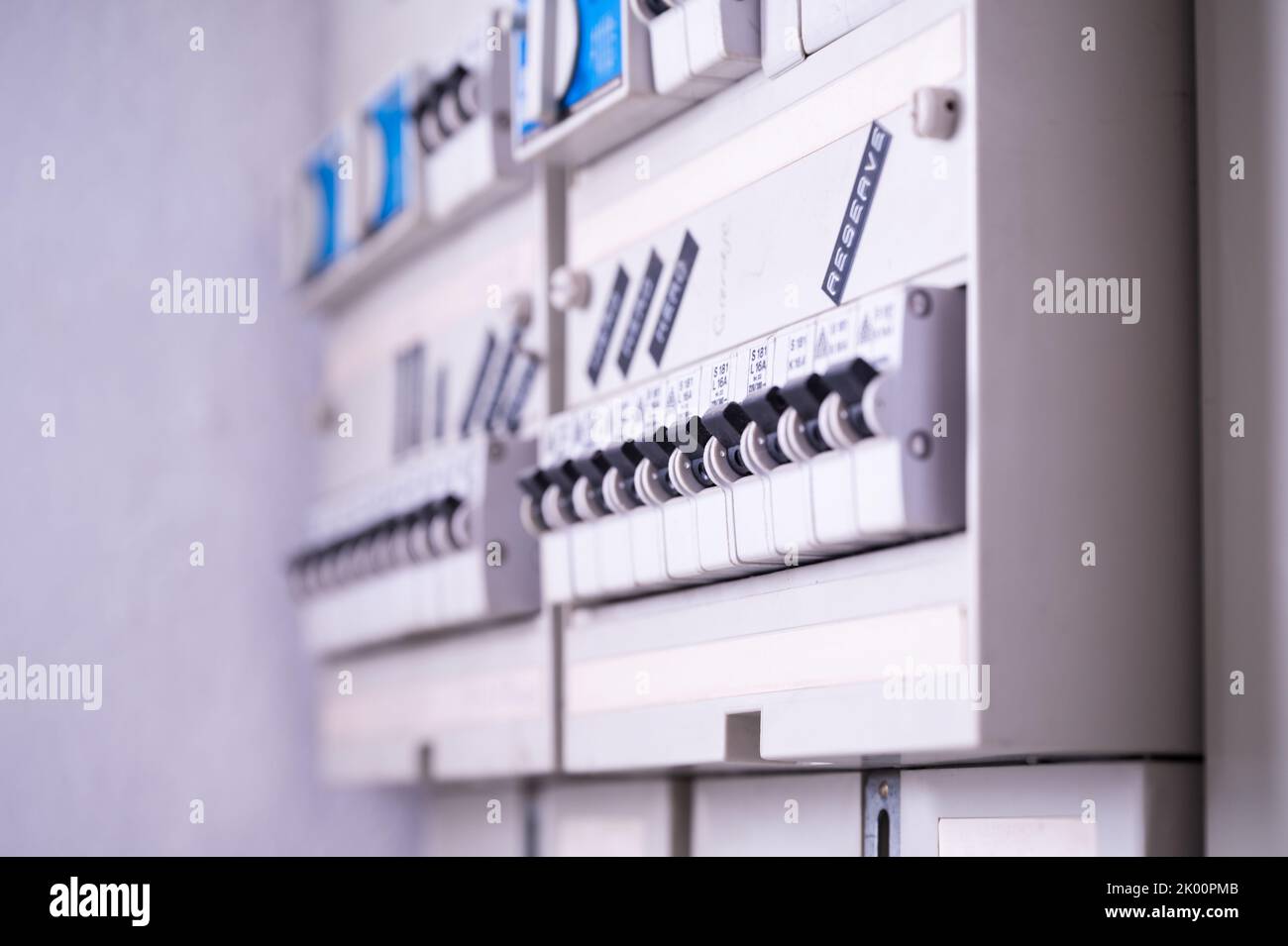 Fuse box of an electrical installation with fault circuit breakers for electrical safety Stock Photo
