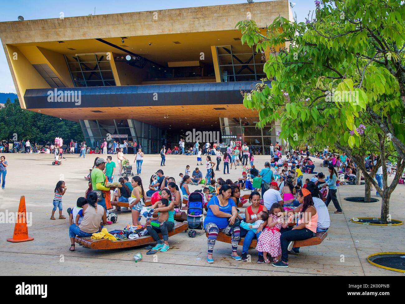 Colombia,Medellin, near Universidad metro station people can relax on the square next to Explora Parque with activities for children lwith sand and wa Stock Photo