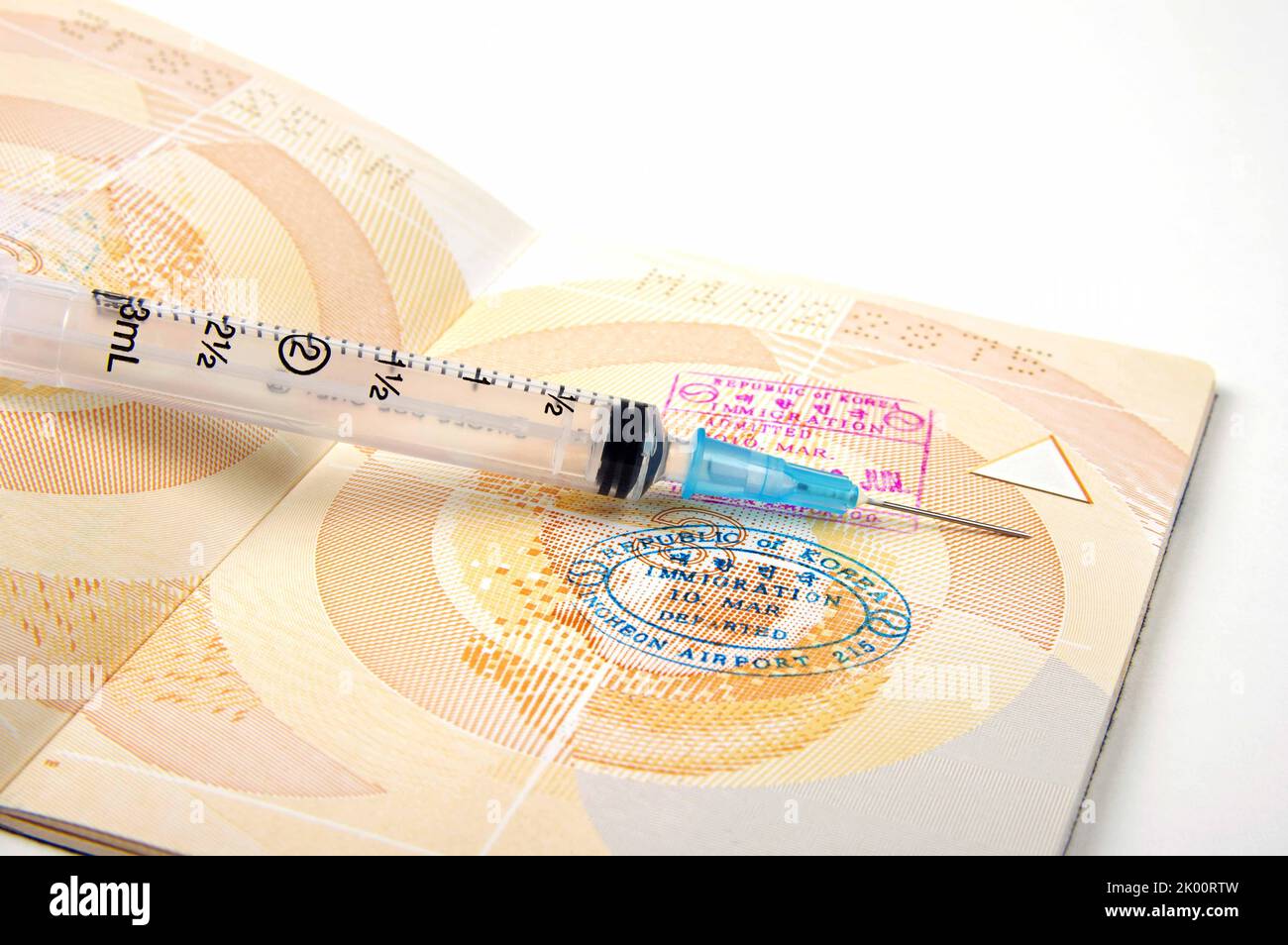 passport page and medical syringe on a white background Stock Photo