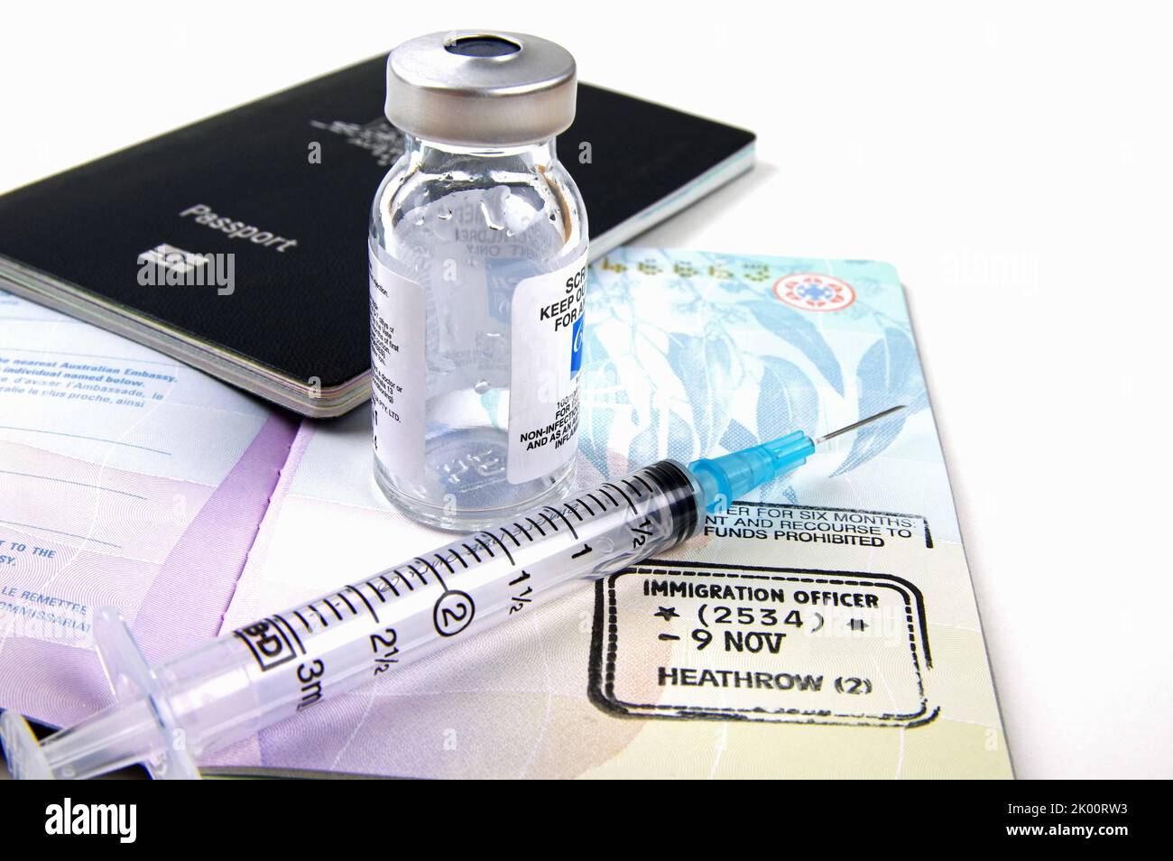 travel documents and vaccination equipment Stock Photo