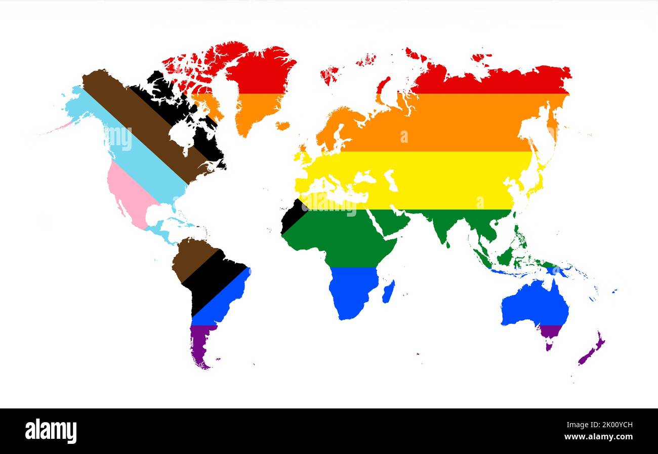 Progress LGBTQ Rainbow world map, the most widely known worldwide is the pride symbol representing LGBT pride Stock Photo