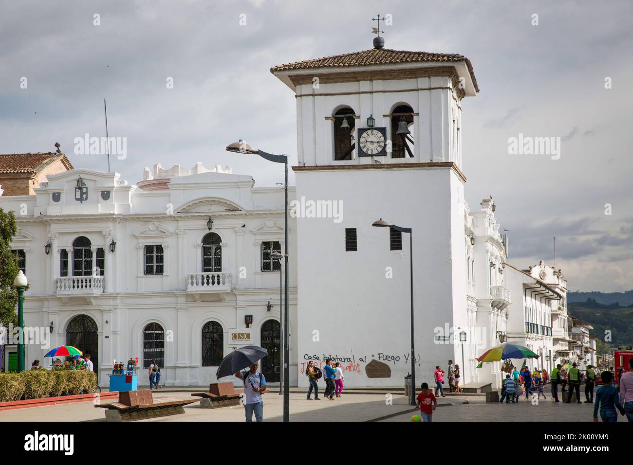 Colombia, Papayan, Torre de Reloj is the four square clocktower out of 1682  on the corner of Parque Caldas. Stock Photo