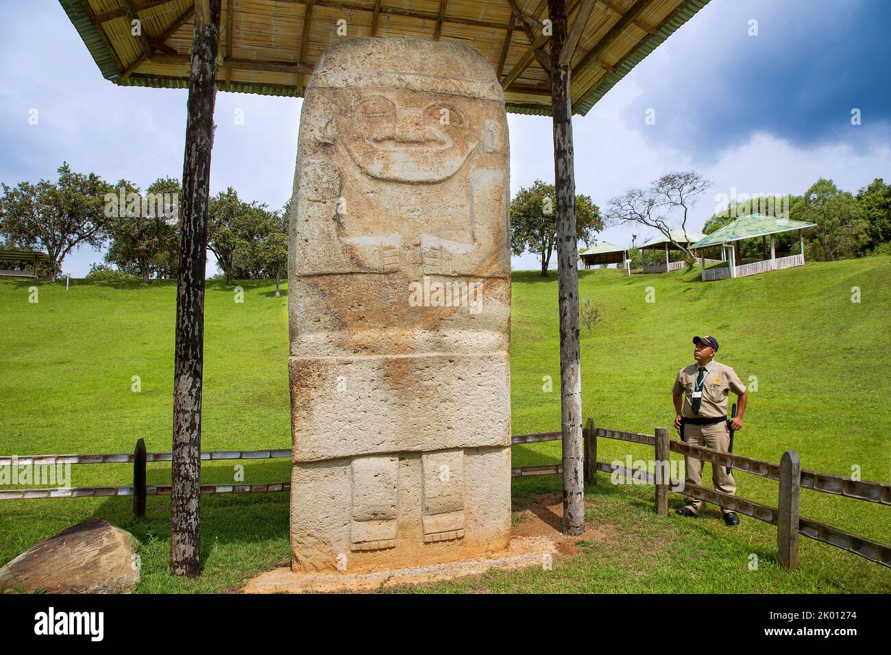 Colombia, Huila department, San Agustin region, this statue of 5 meters above and two meters in the ground is the largest of all sites around and is s Stock Photo