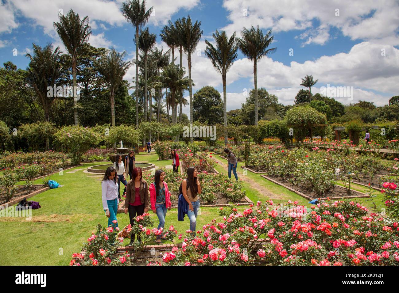 Colombia,Bogota, The botanical garden, Jardin Botanico. Colombian girls visit the rose garden with the wax palms behind them Stock Photo