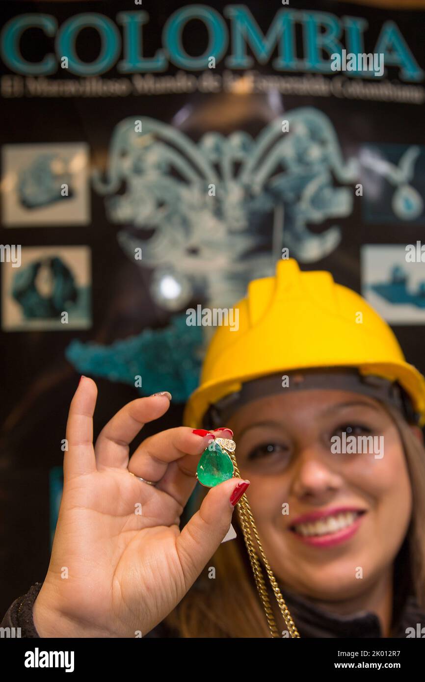 Colombia, Zipaquira, after Brazil, Colombia is the most important producer of emerald stones. Onthe photo a woman dressed like a miner is  selling an Stock Photo