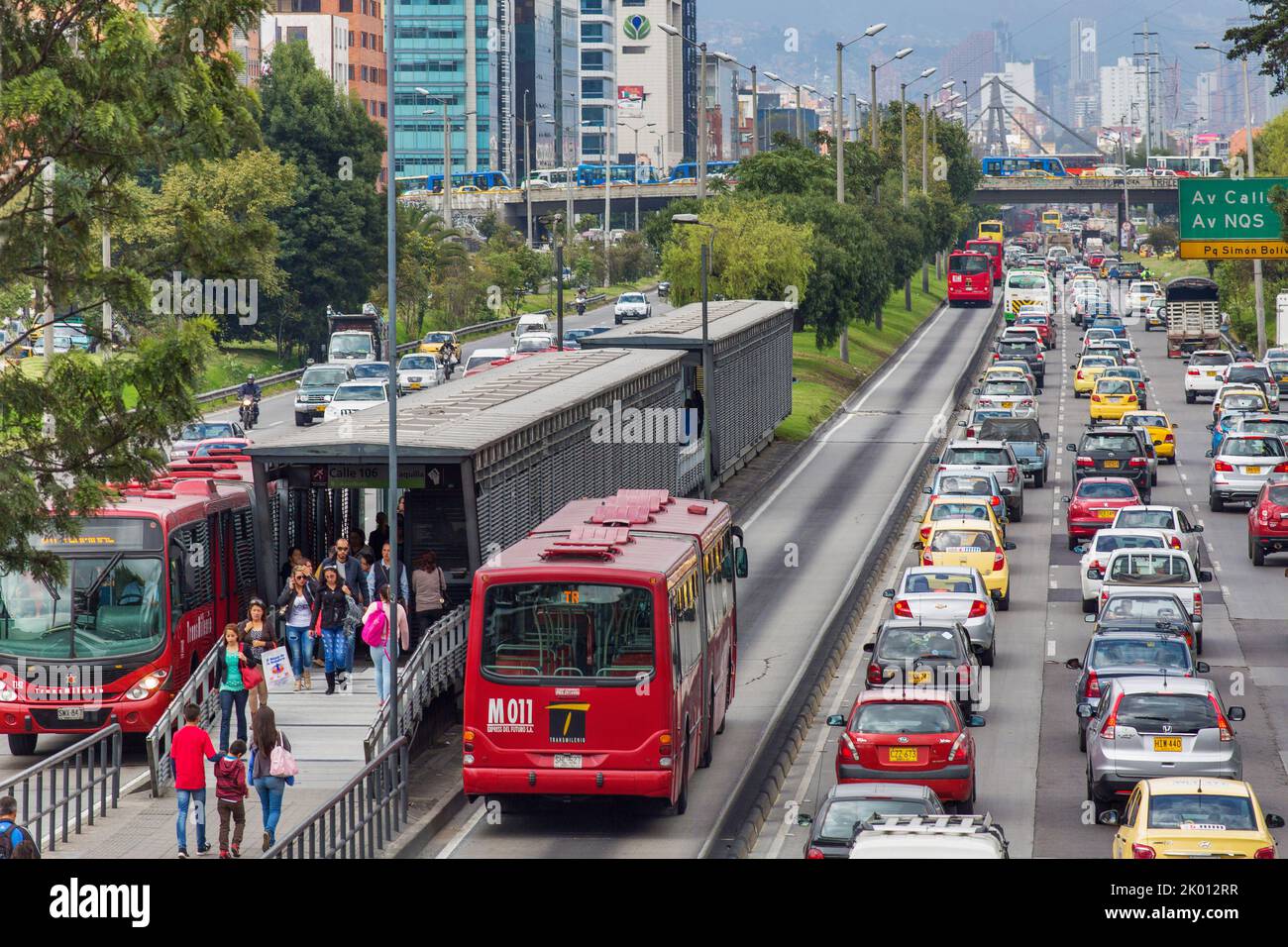 Colombia, TransMilenio is a bus rapid transit (BRT) system that serves Bogotá. These busses have their own lanes and busstations aand therefor can pas Stock Photo