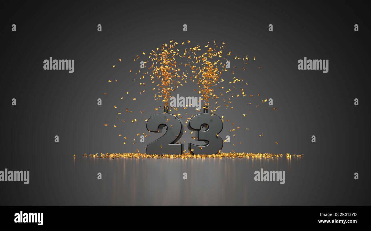 Number 23 gray on gray background with golden confetti - 3d rendering Stock Photo
