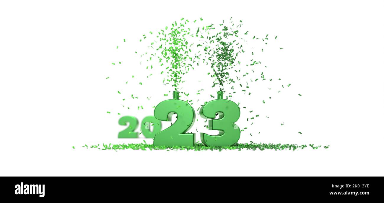 2023 green celebration with confetti - 3D rendering Stock Photo