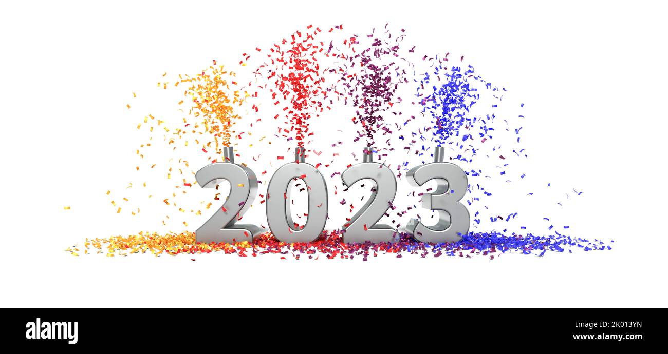 2023 celebration with confetti - 3D rendering text on white background Stock Photo