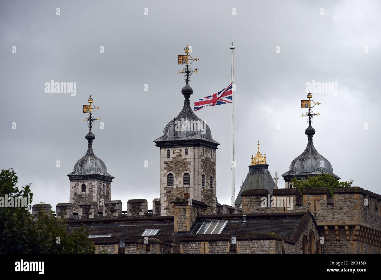 London, UK. 9th Sep, 2022. The Union flag flies at half mast at the