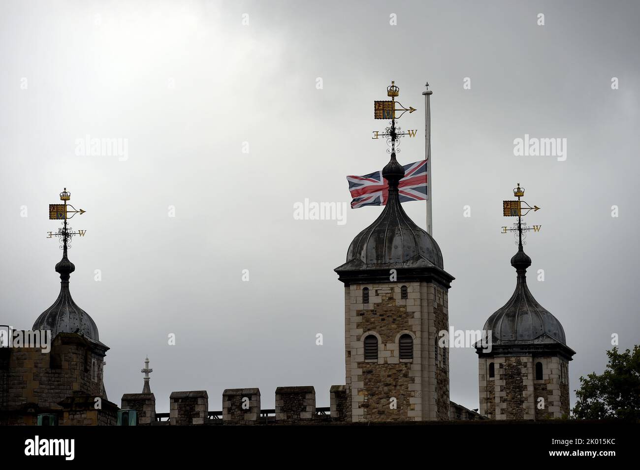 London, UK. 9th Sep, 2022. The Union flag flies at half mast at the
