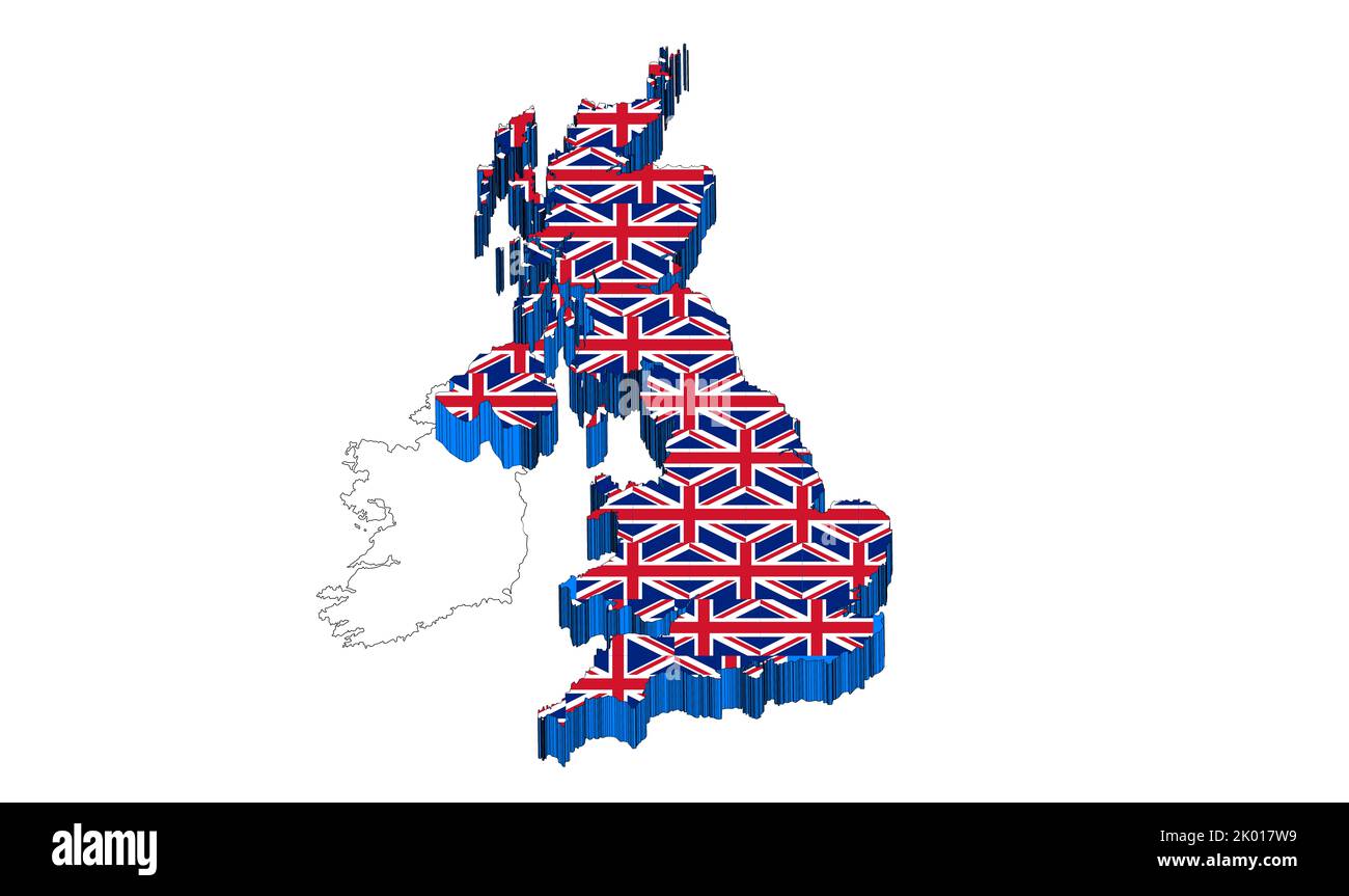 United Kingdom painted in three dimensions 3d, with many flags that fill the interior of the nation. Stock Photo