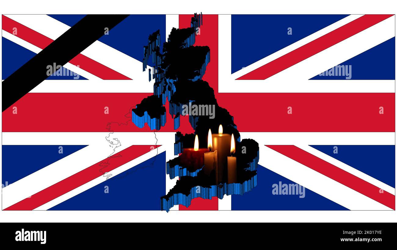 Queen Elizabeth II: UK flag with black mourning ribbon and UK silhouette in 3d graphics with prayer candles in the center. Stock Photo