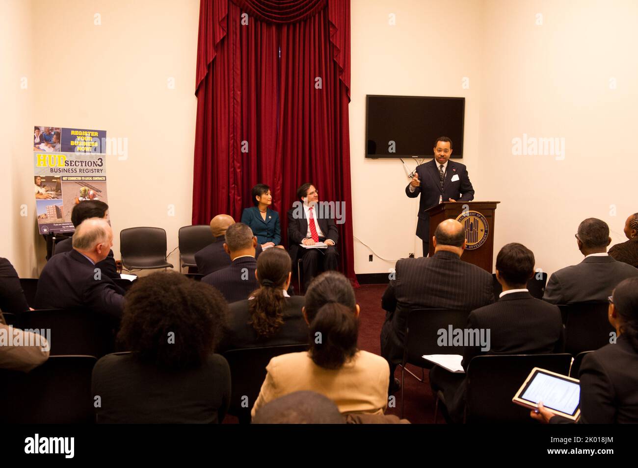 HUD Section 3 Business Registry Launch at the Rayburn Building, Washington, D.C., with HUD Assistant Secretary for Fair Housing and Equal Opportunity (FHEO) John Trasvina, FHEO Economic Opportunity Division Director Staci Gilliam, HUD Washington, D.C. Field Office Director Marvin Turner, D.C. Delegate to Congress Eleanor Holmes Norton, California Congresswomen Judy Chu and Maxine Waters, Missouri Congressman Emanuel Cleaver, Small Business Administration's Historically Underutilized Business Zone (HUBZone) Program Director Grande Lum, and D.C. Department of Housing and Community Development Di Stock Photo