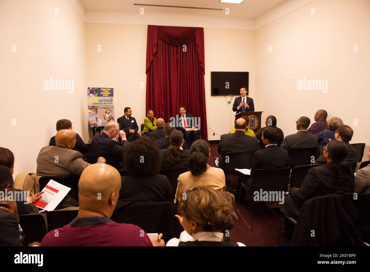 HUD Section 3 Business Registry Launch at the Rayburn Building, Washington, D.C., with HUD Assistant Secretary for Fair Housing and Equal Opportunity (FHEO) John Trasvina, FHEO Economic Opportunity Division Director Staci Gilliam, HUD Washington, D.C. Field Office Director Marvin Turner, D.C. Delegate to Congress Eleanor Holmes Norton, California Congresswomen Judy Chu and Maxine Waters, Missouri Congressman Emanuel Cleaver, Small Business Administration's Historically Underutilized Business Zone (HUBZone) Program Director Grande Lum, and D.C. Department of Housing and Community Development Di Stock Photo