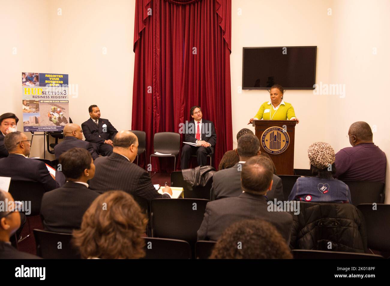 HUD Section 3 Business Registry Launch at the Rayburn Building, Washington, D.C., with HUD Assistant Secretary for Fair Housing and Equal Opportunity (FHEO) John Trasvina, FHEO Economic Opportunity Division Director Staci Gilliam, HUD Washington, D.C. Field Office Director Marvin Turner, D.C. Delegate to Congress Eleanor Holmes Norton, California Congresswomen Judy Chu and Maxine Waters, Missouri Congressman Emanuel Cleaver, Small Business Administration's Historically Underutilized Business Zone (HUBZone) Program Director Grande Lum, and D.C. Department of Housing and Community Development Di Stock Photo