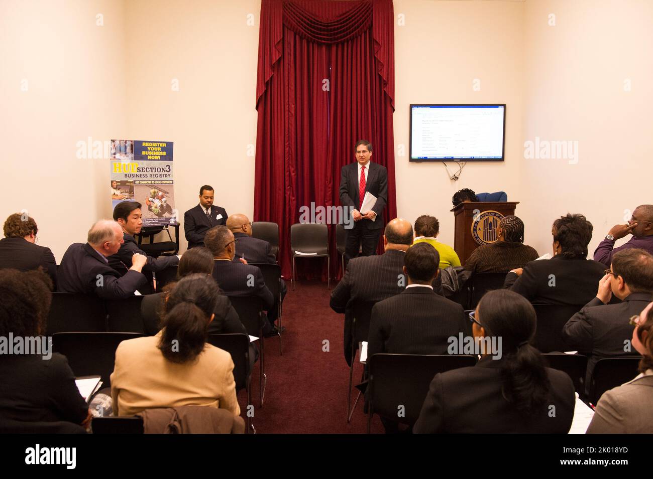 HUD Section 3 Business Registry Launch at the Rayburn Building, Washington, D.C., with HUD Assistant Secretary for Fair Housing and Equal Opportunity (FHEO) John Trasvina, FHEO Economic Opportunity Division Director Staci Gilliam, HUD Washington, D.C. Field Office Director Marvin Turner, D.C. Delegate to Congress Eleanor Holmes Norton, California Congresswomen Judy Chu and Maxine Waters, Missouri Congressman Emanuel Cleaver, Small Business Administration's Historically Underutilized Business Zone (HUBZone) Program Director Grande Lum, and D.C. Department of Housing and Community Development Di Stock Photo