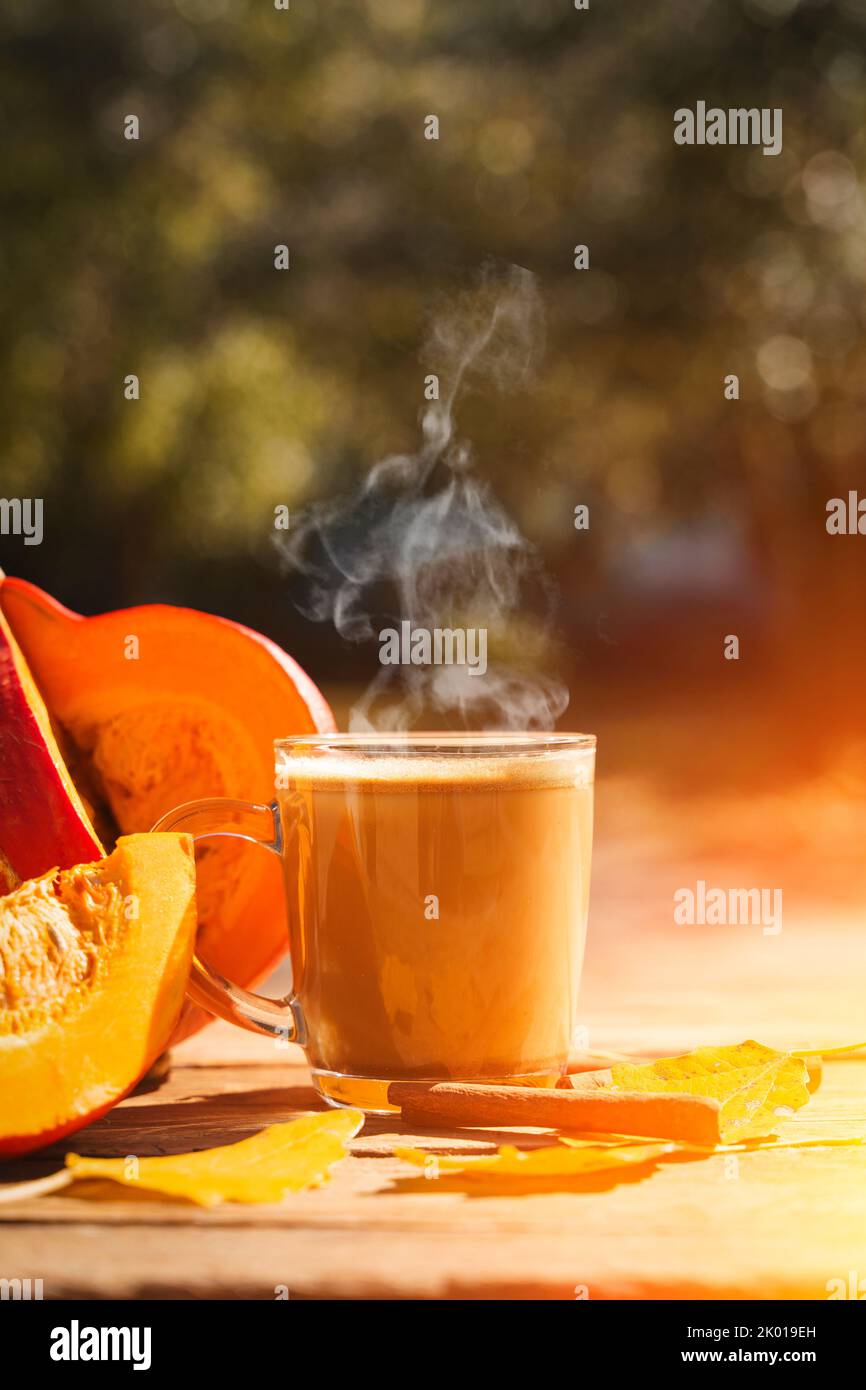 Pumpkin latte coffee with spices and cinnamon. Autumn hot drink on a rustic wooden table decorated with yellow leaves and pumpkin under the sun. Cosiness, halloween, warmth concept. . High quality photo Stock Photo