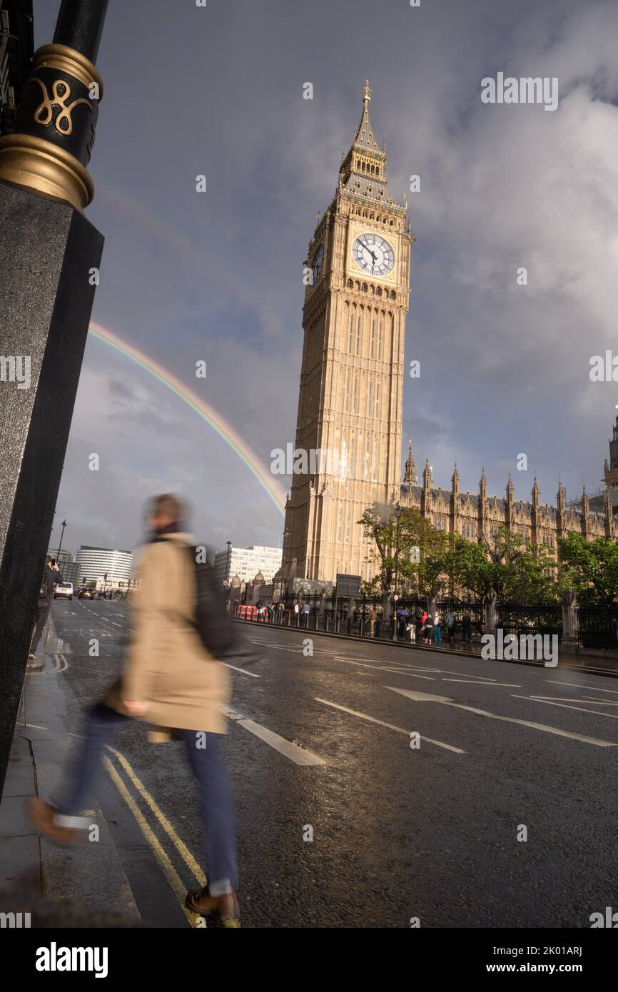 Rainbow appeared next to Big Ben, Palace of Westminster in London, England Stock Photo